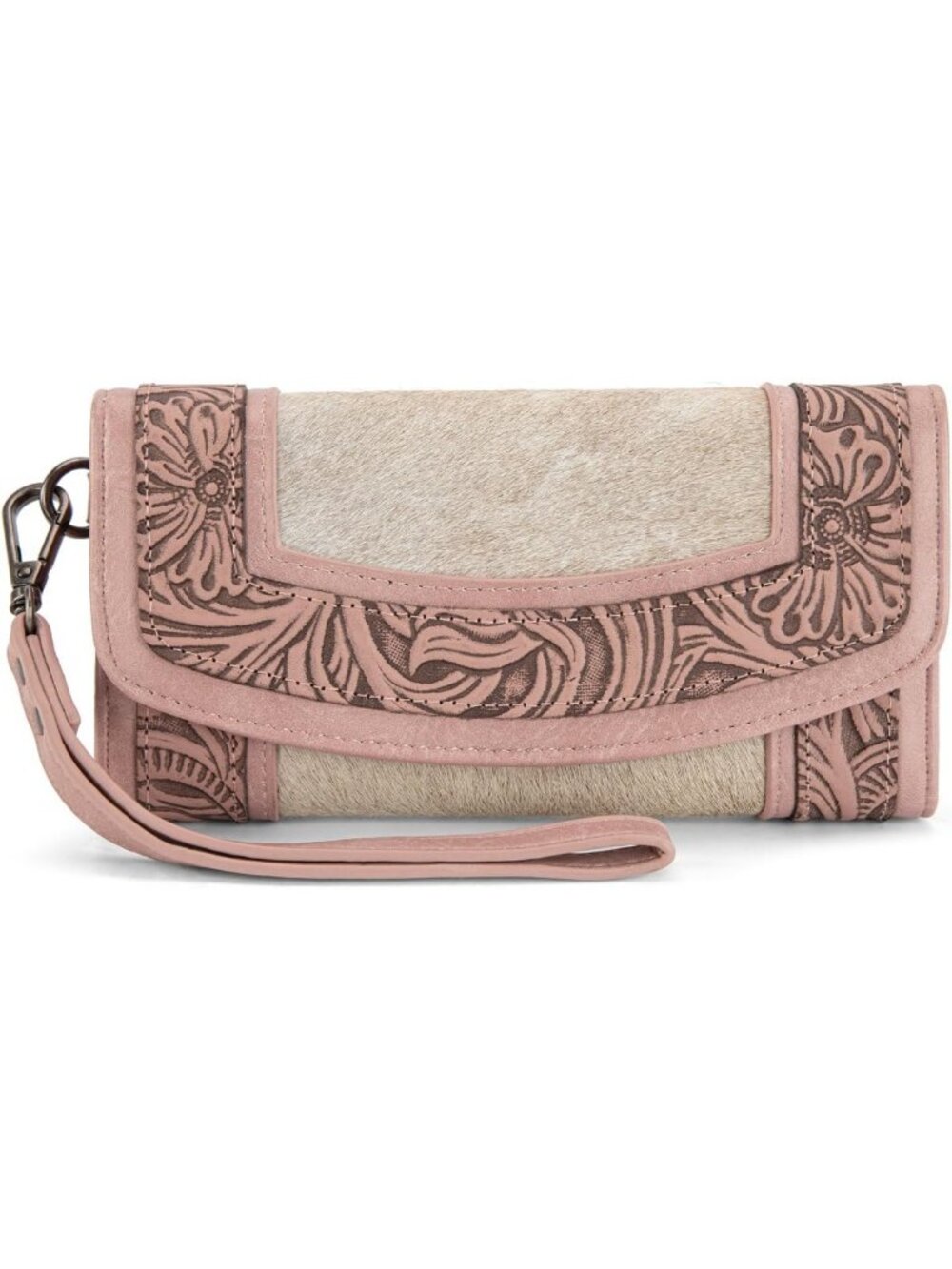 Western Floral Tooled Cowhide Wristlet Wallet for Women - Large Capacity Trifold